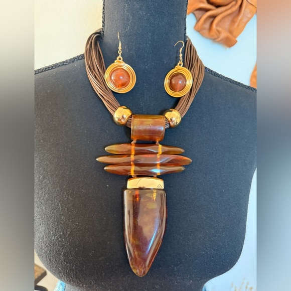 Tribal Inspired Gold and Turquoise Statement Necklace with Matching Earrings - Picture 2 of 3